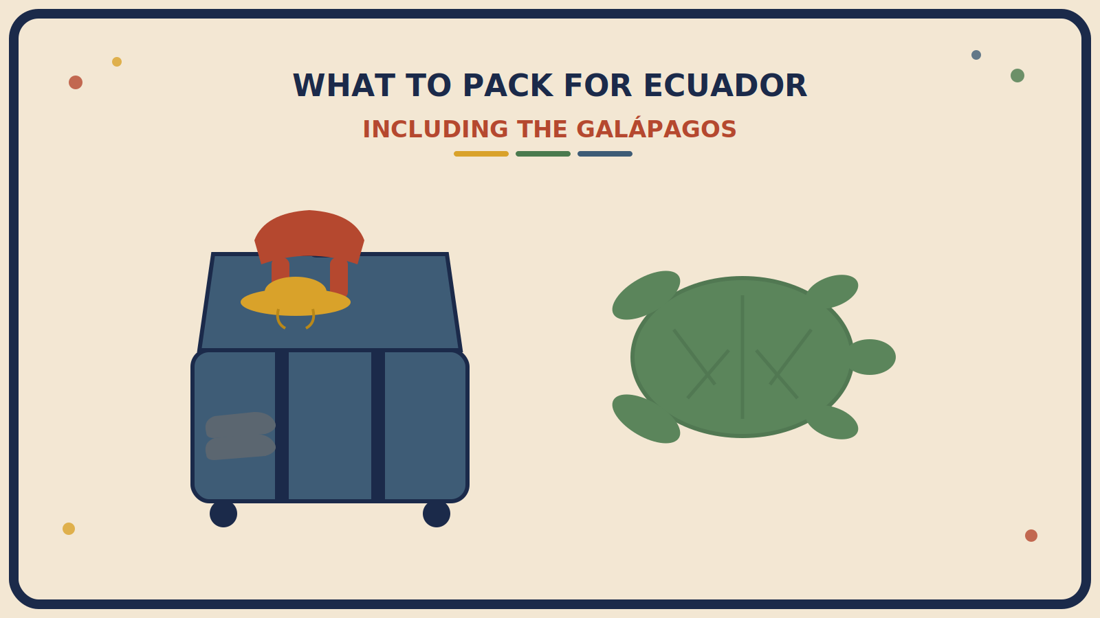 Open suitcase with a rust-red combined windbreaker and rain jacket folded on one side, a mustard-gold wide-brim hat with a chin strap on the other, sandals in front, and a large sea turtle silhouette beside it