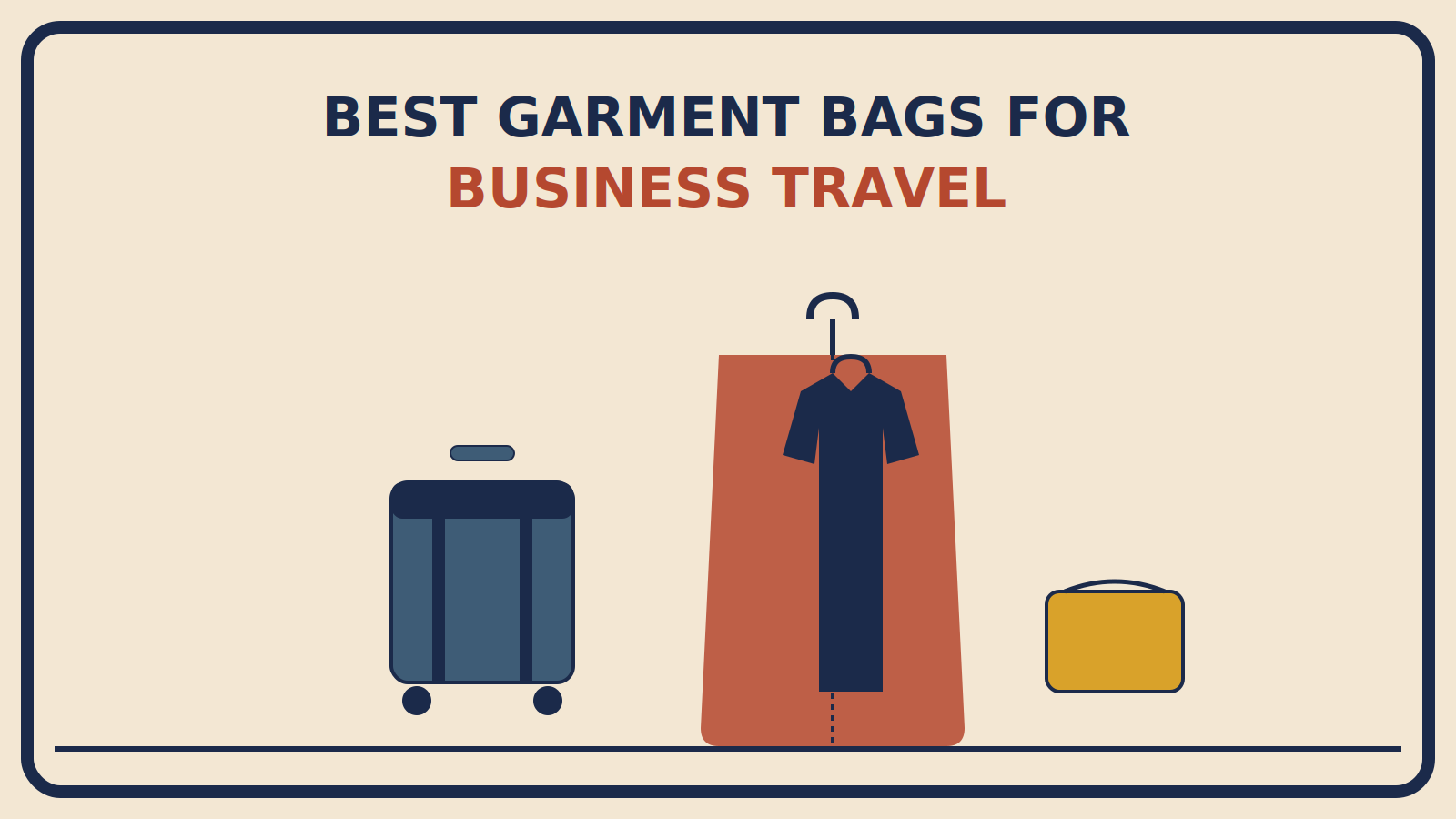 Suitcase beside an unfolded rust-red garment bag with a suit silhouette hanging inside, and a mustard folder pouch tucked beside it
