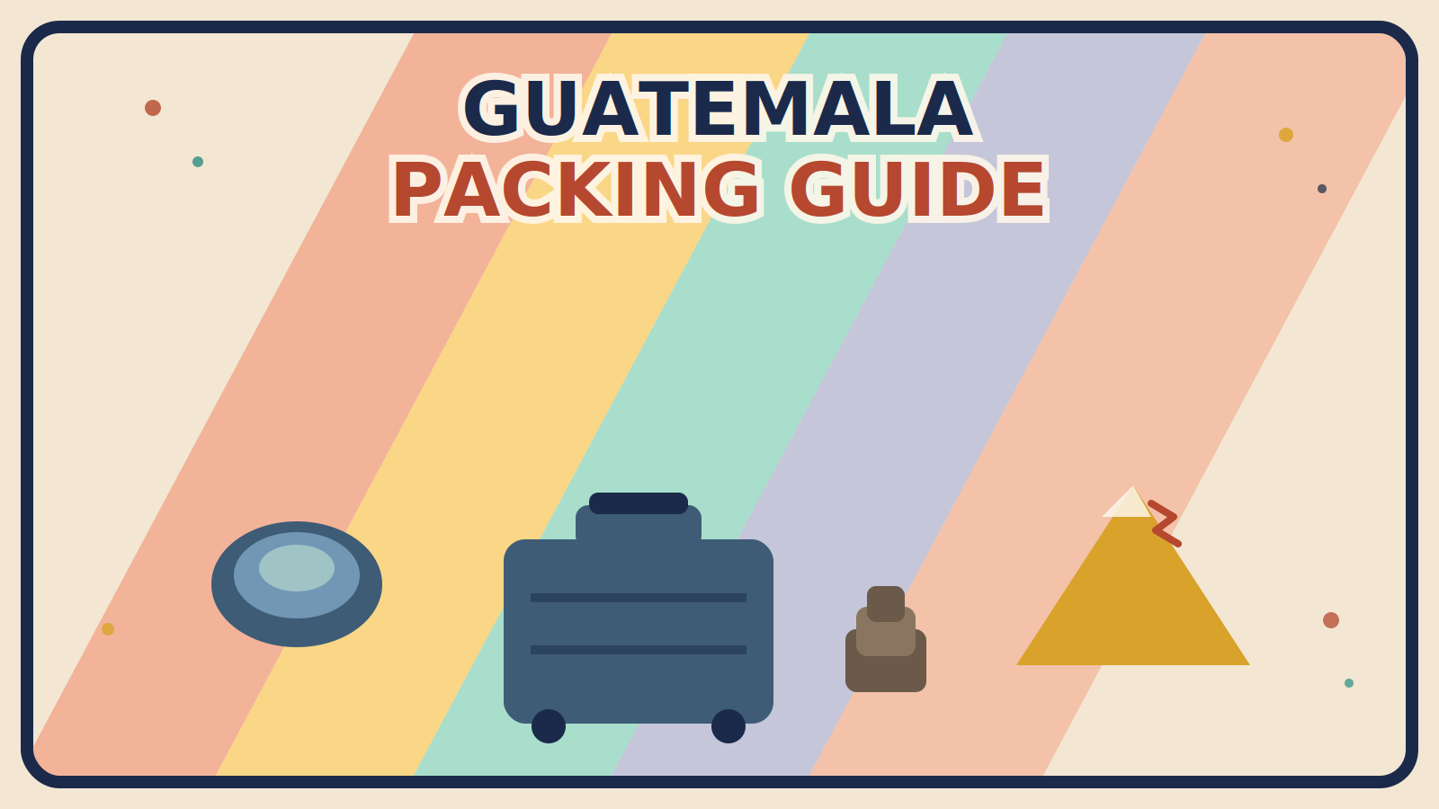 A mustard-gold mountain with a rust-red wind mark, a steel-blue lake shape, and a muted brown layered-clothing icon arranged around a steel-blue suitcase on a colorful multi-band background.
