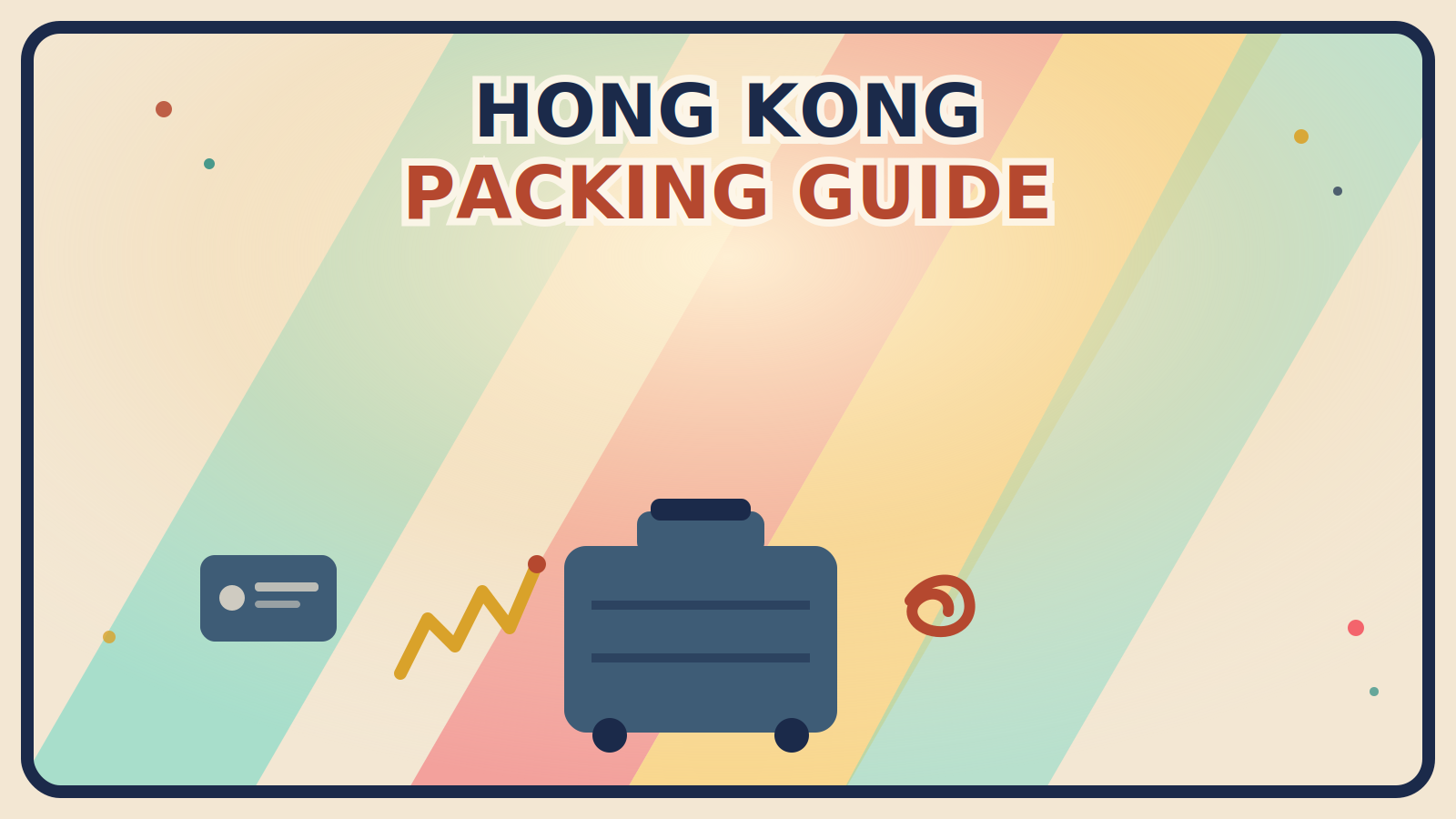 A steel-blue Octopus-card-style rectangle, a mustard-gold mountain-trail zigzag, and a rust-red typhoon swirl arranged around a steel-blue suitcase on a vivid multi-color background.