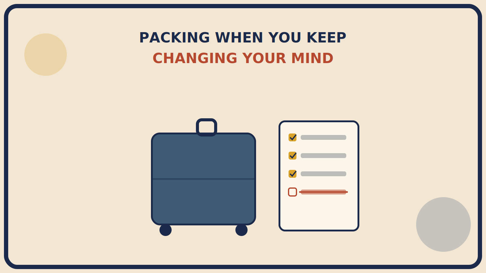 Closed suitcase beside a checklist shape with mustard-gold checked boxes and one crossed-out rust-red item