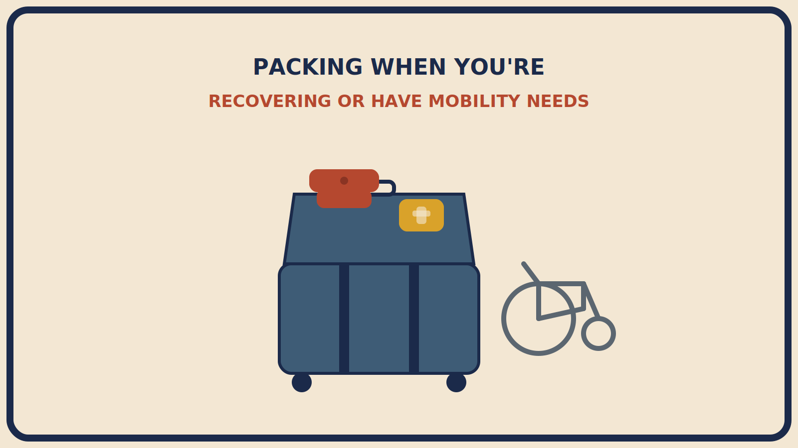 Open suitcase with a folded rust-red easy-closure garment on top and a mustard-gold medical pouch beside it, with a simple geometric wheelchair shape nearby