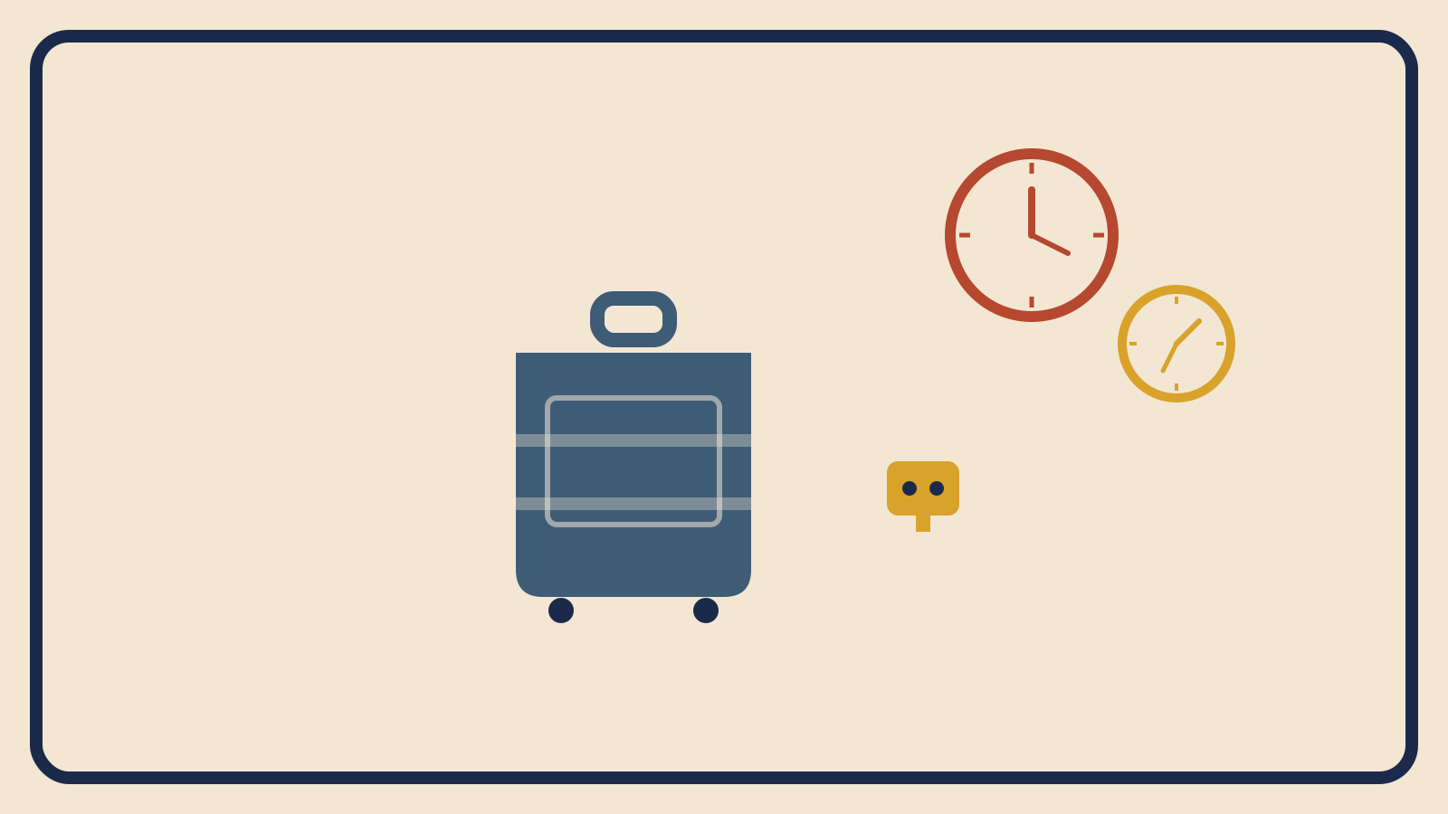 Flat geometric suitcase with a rust-red clock face showing two time zones and a mustard plug adapter icon beside it