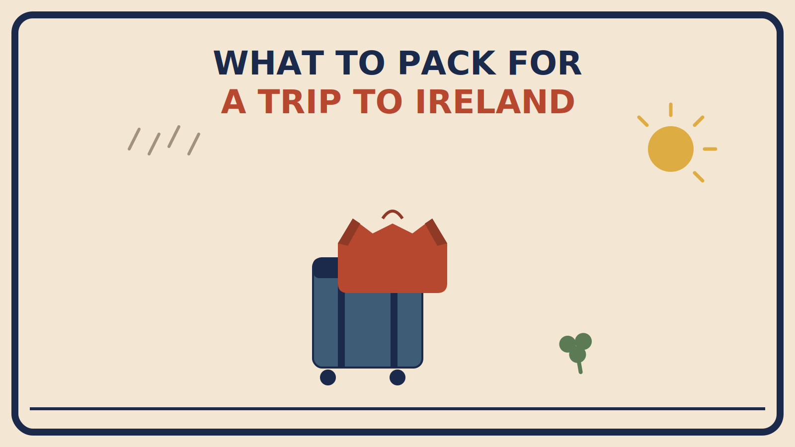Suitcase with a rust-red hooded rain shell draped over it, rain lines and a sun break above, and a small shamrock accent