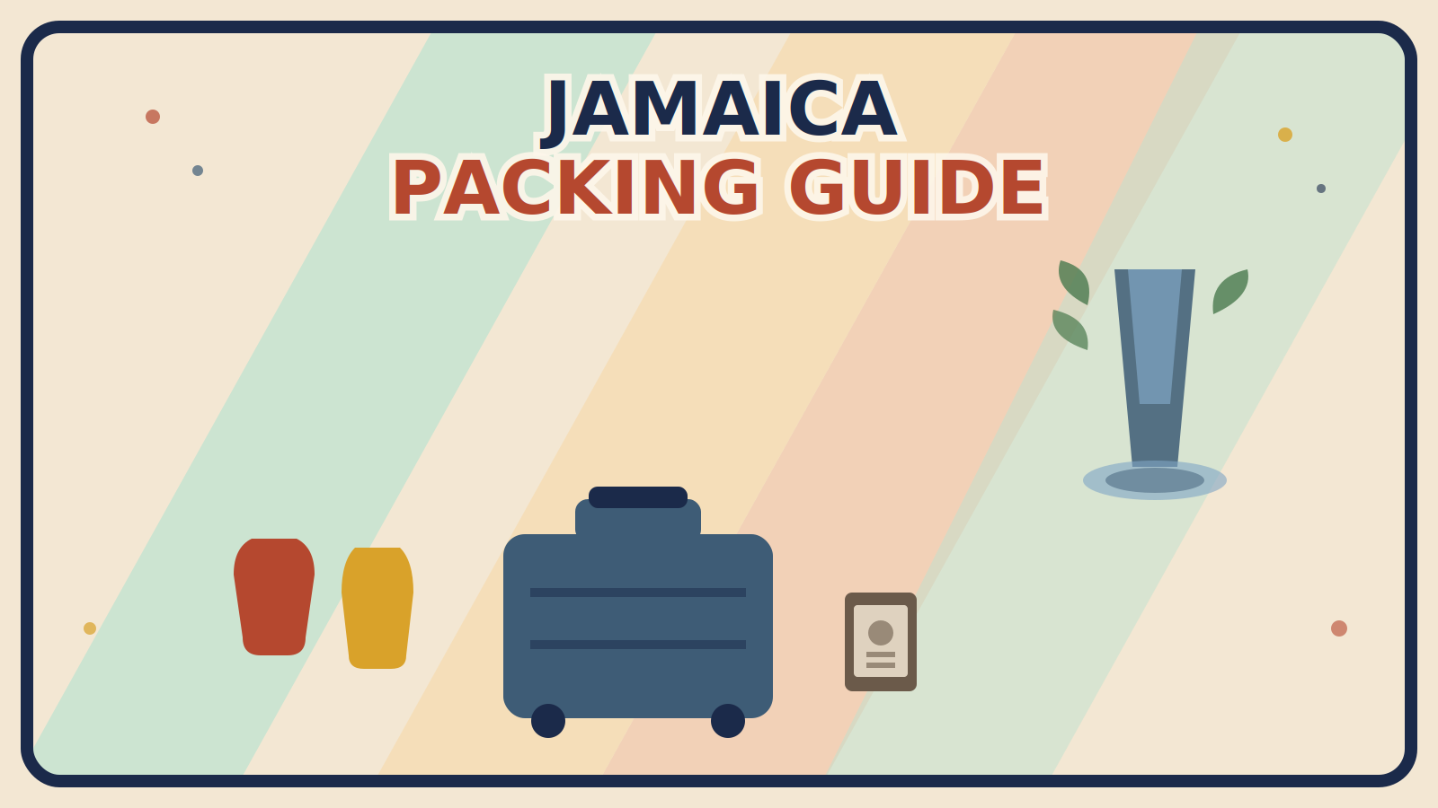A rust-red and mustard swimsuit shape, a steel-blue suitcase, a muted brown passport, and an abstracted steel-blue waterfall with green fronds, on a multi-color diagonal background.