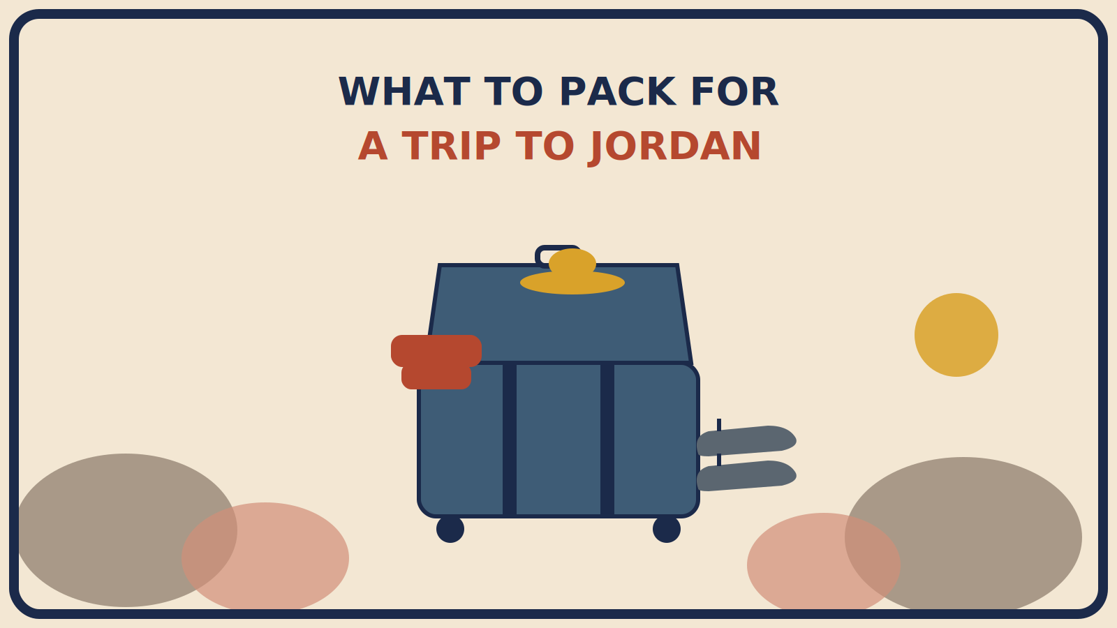 Open suitcase with a mustard-gold wide-brimmed hat on top, a rust-red packable layer folded beside it, and ankle-strap sandals in front, set against desert rock formations