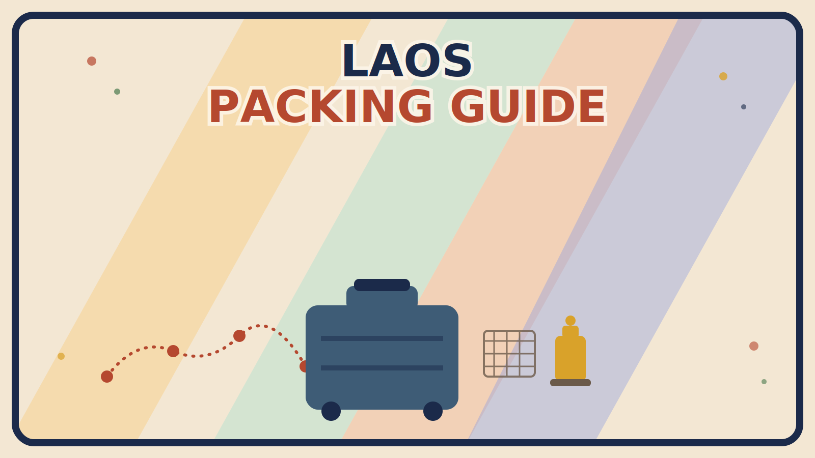 A rust-red dotted route line between town markers, a muted brown mosquito-net hatch pattern, and a mustard-gold lantern arranged around a steel-blue suitcase on a multi-color background.
