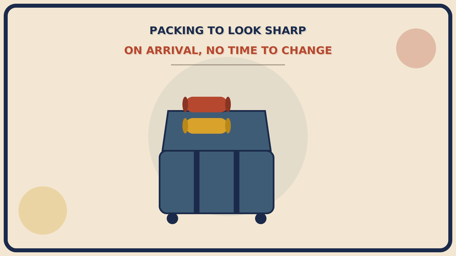 Open steel-blue suitcase with a neatly rolled rust-red dress shirt and a rolled mustard-gold trouser shape shown side by side, deliberately smooth and uncreased
