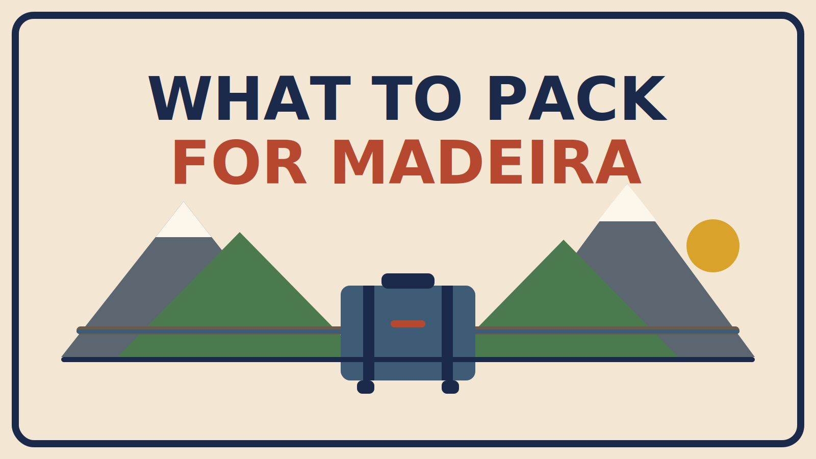 Illustrated suitcase in front of green and slate mountain peaks with a levada channel running across the slopes