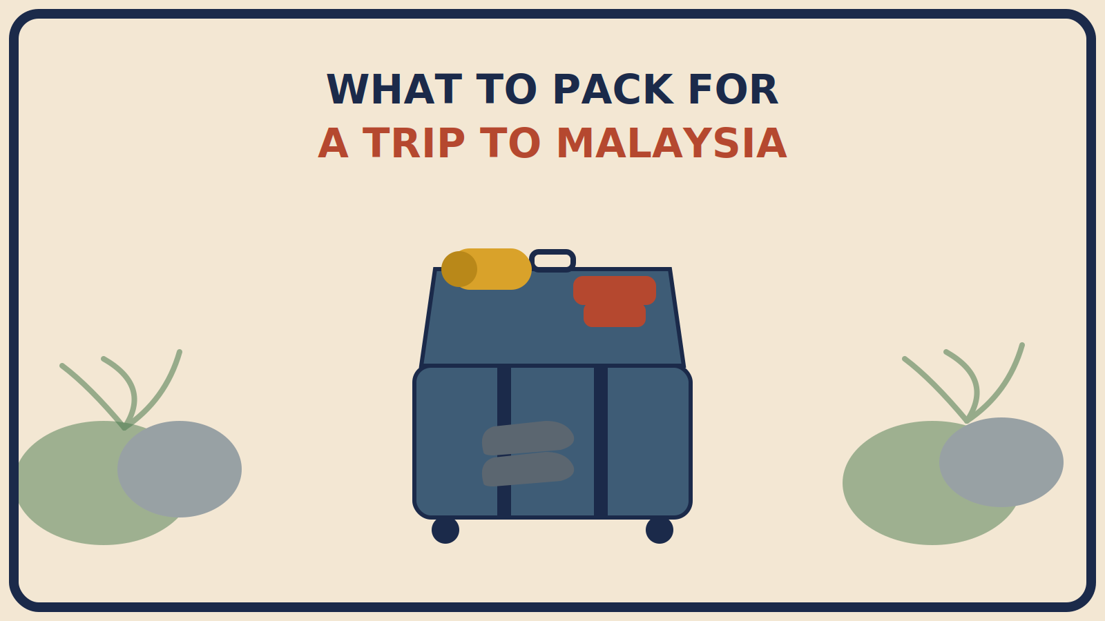 Open suitcase with a mustard-gold rolled linen top and a rust-red folded dressier outfit side by side, with water shoes resting in front