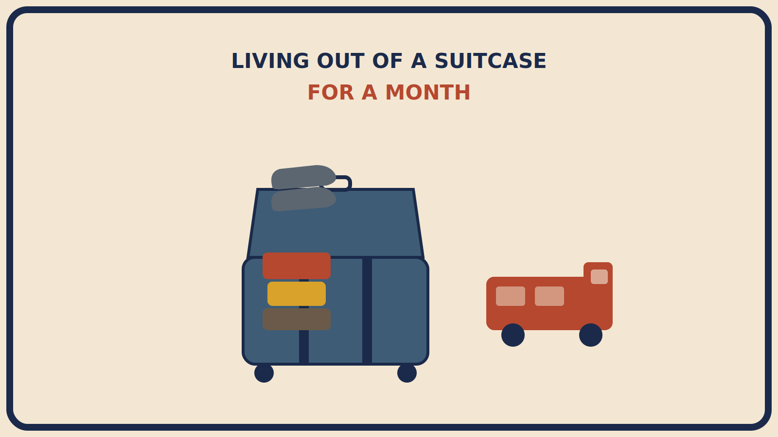 Open suitcase with rust-red, mustard-gold, and muted-brown packing cubes stacked inside, walking shoes resting on top, and a small van shape beside it