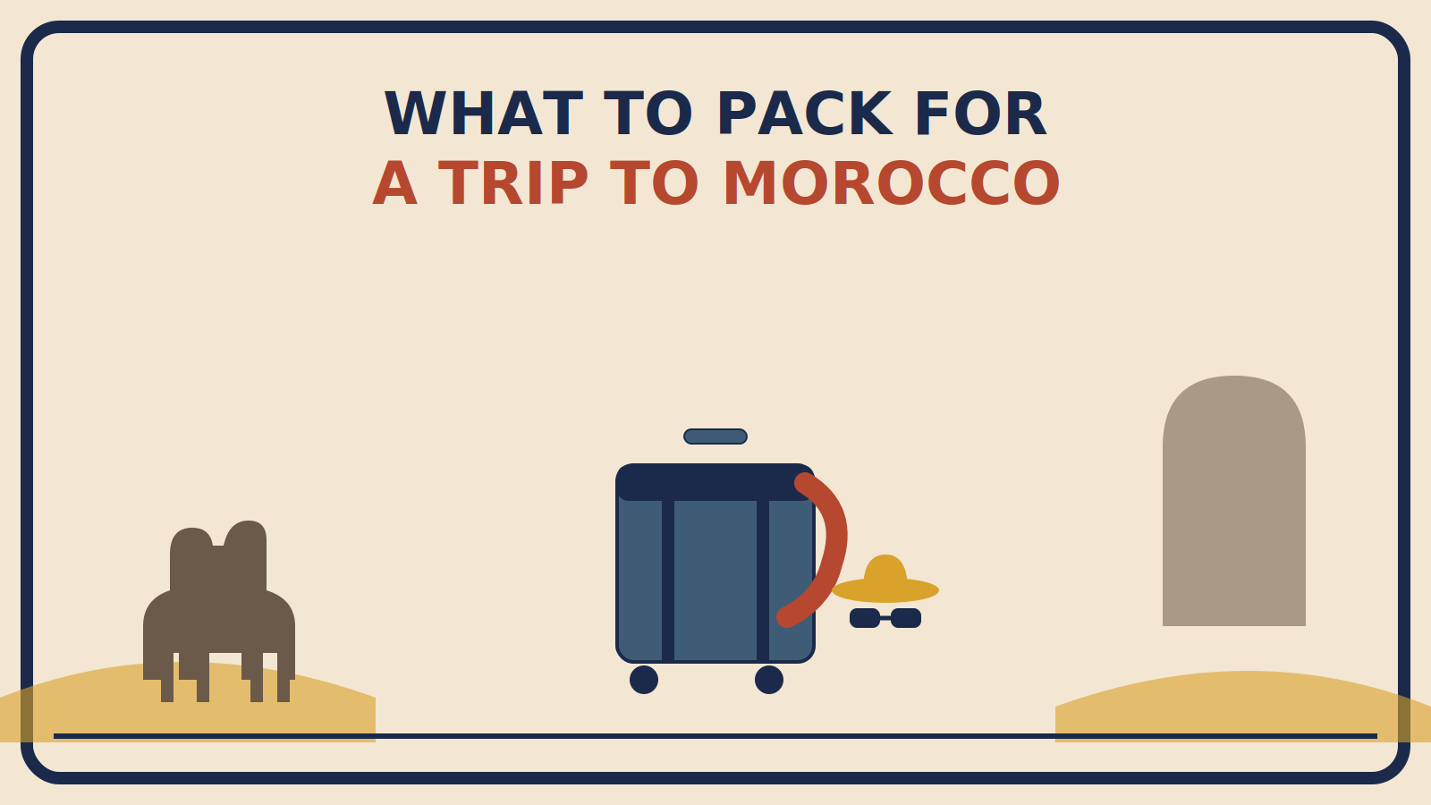 Suitcase with a draped scarf next to a hat and sunglasses, with a camel silhouette and desert dunes in the background
