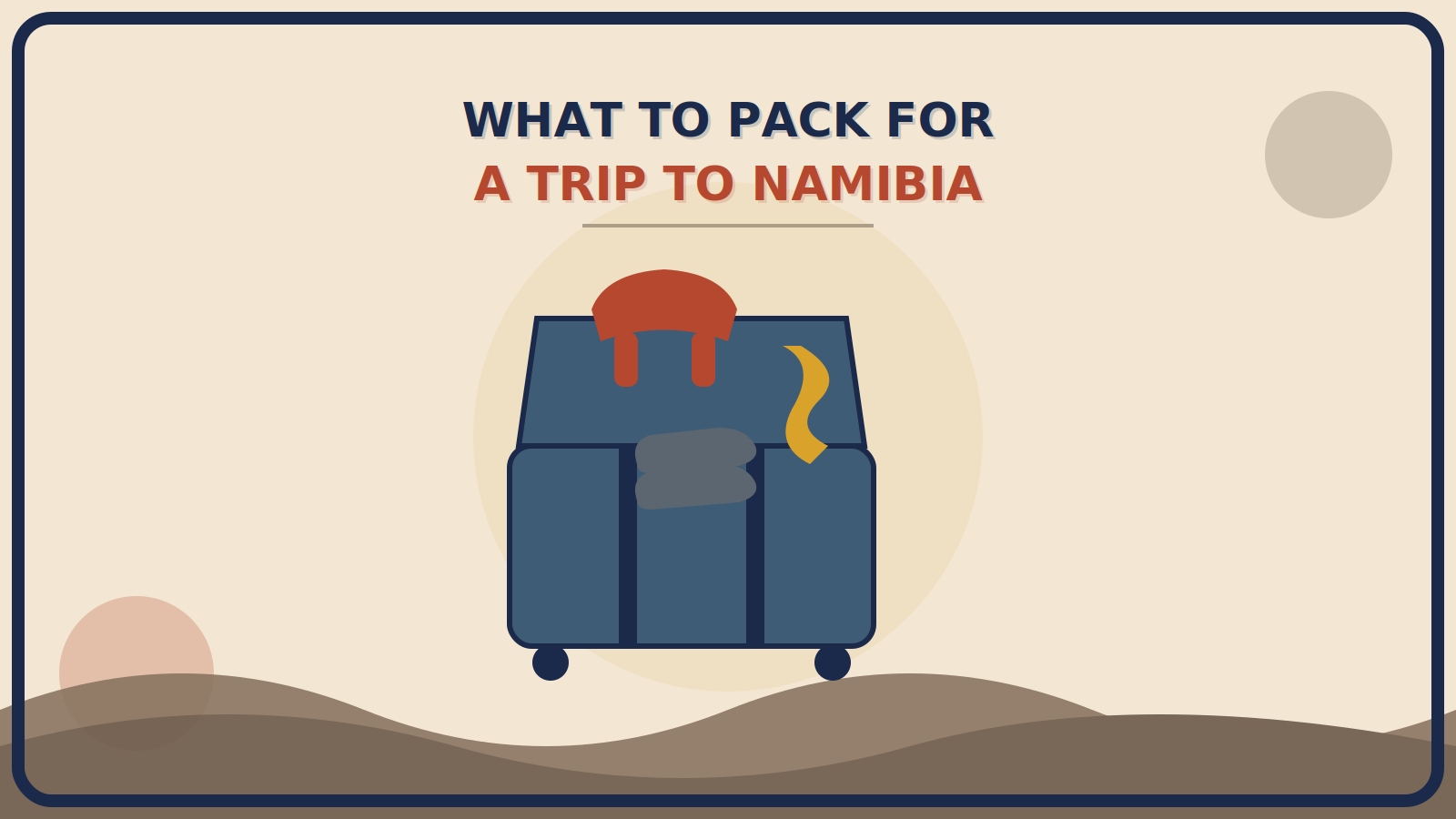 Open suitcase with a rust-red windproof jacket folded on top, a mustard-gold buff beside it, low hiking shoes in front, and soft rounded dune shapes behind