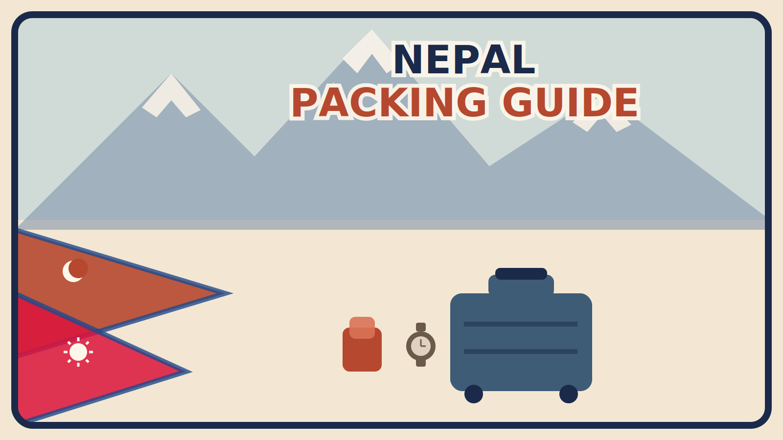 Nepal's double-pennant flag with sun and moon emblems in front of a snow-capped mountain range, with a rust-red layered jacket and a muted brown wristwatch beside a steel-blue suitcase.