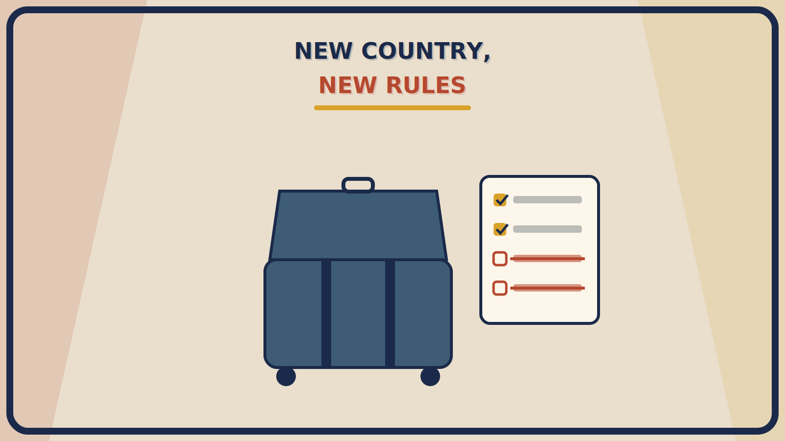 Open suitcase with a checklist beside it, half the checkmarks in mustard-gold and a few crossed out in rust-red