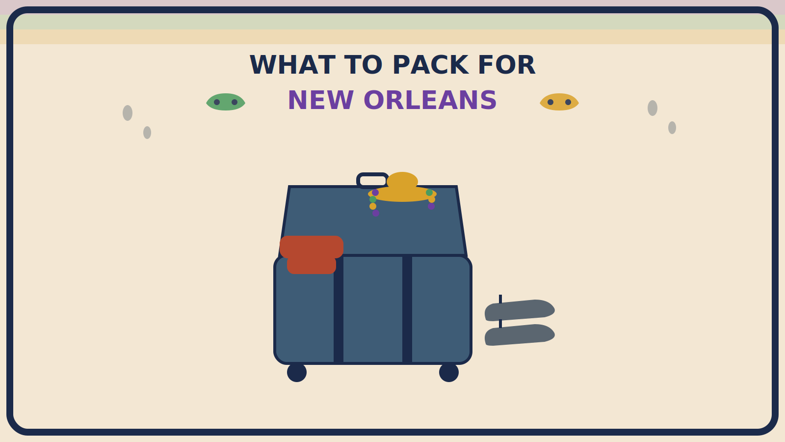 Open suitcase with a mustard-gold sun hat and a compact rust-red folded poncho on top, supportive sandals in front, and small raindrop shapes above