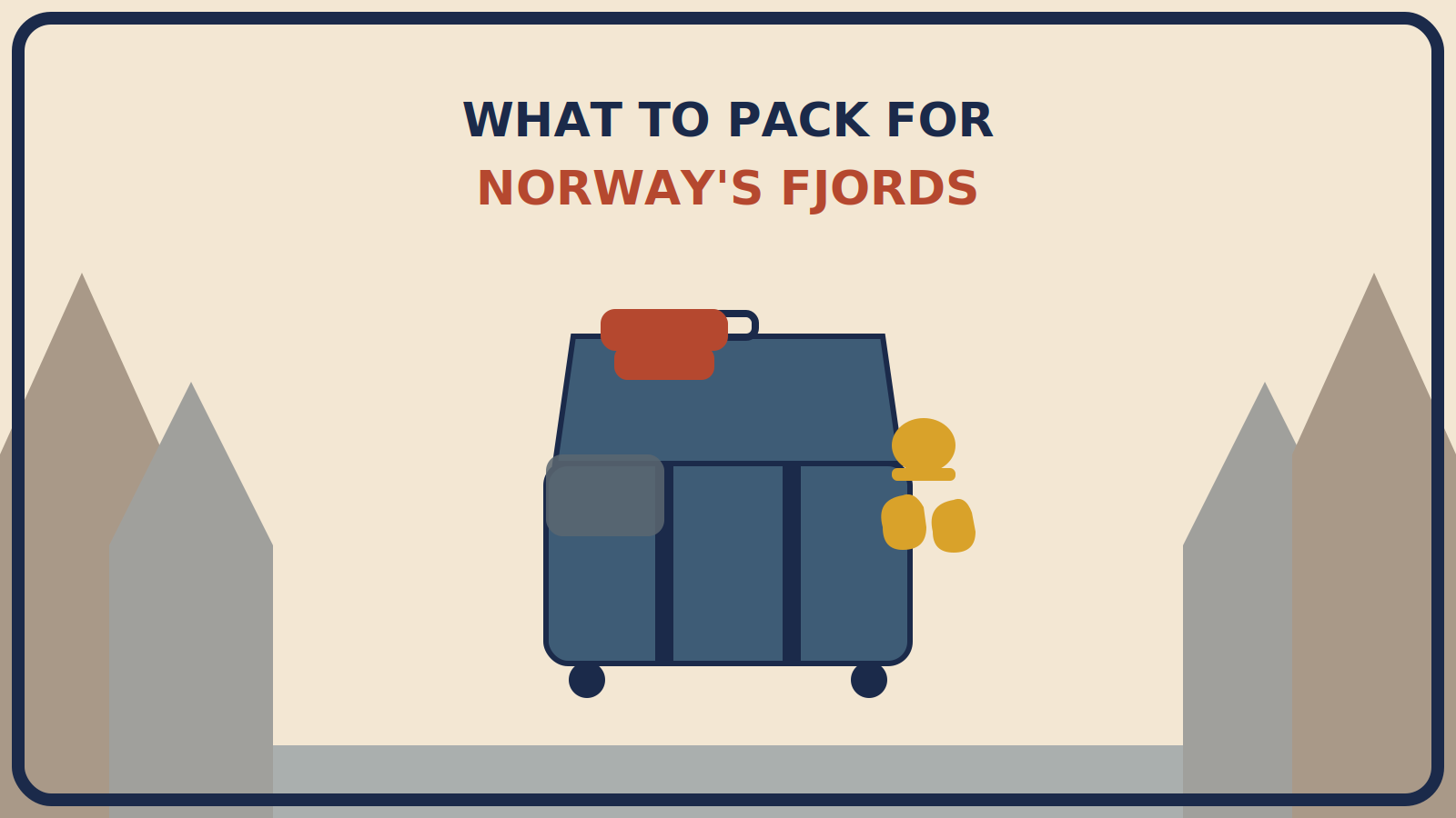 Open suitcase with a rust-red waterproof shell folded on top, a mustard-gold beanie and gloves beside it, and a merino top underneath, set against tall fjord cliffs