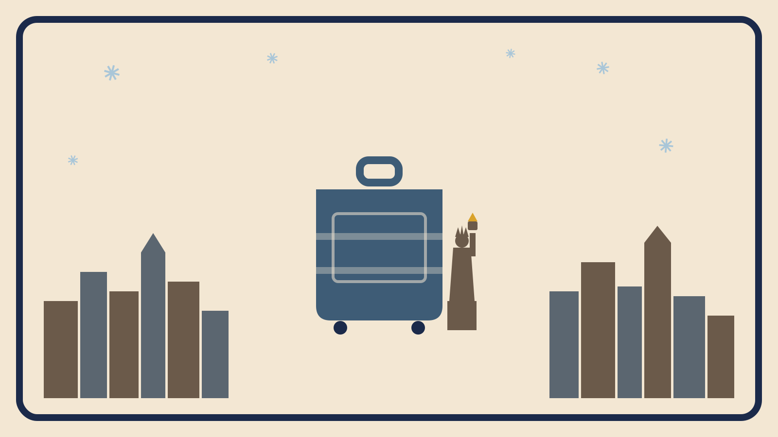 Flat geometric suitcase illustration with a navy New York City skyline, a small Statue of Liberty silhouette, and pale-blue snowflakes drifting above