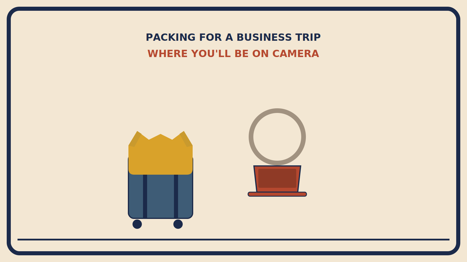 Suitcase with a mustard blazer draped over it, a rust-red laptop beside it, and a ring light halo above