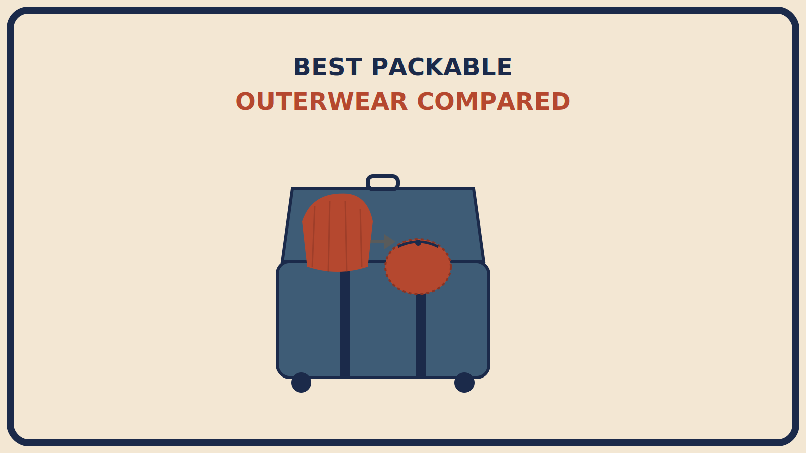Open suitcase with a rust-red puffer jacket bundle shown half puffy and half folded into a small stuff-sack shape