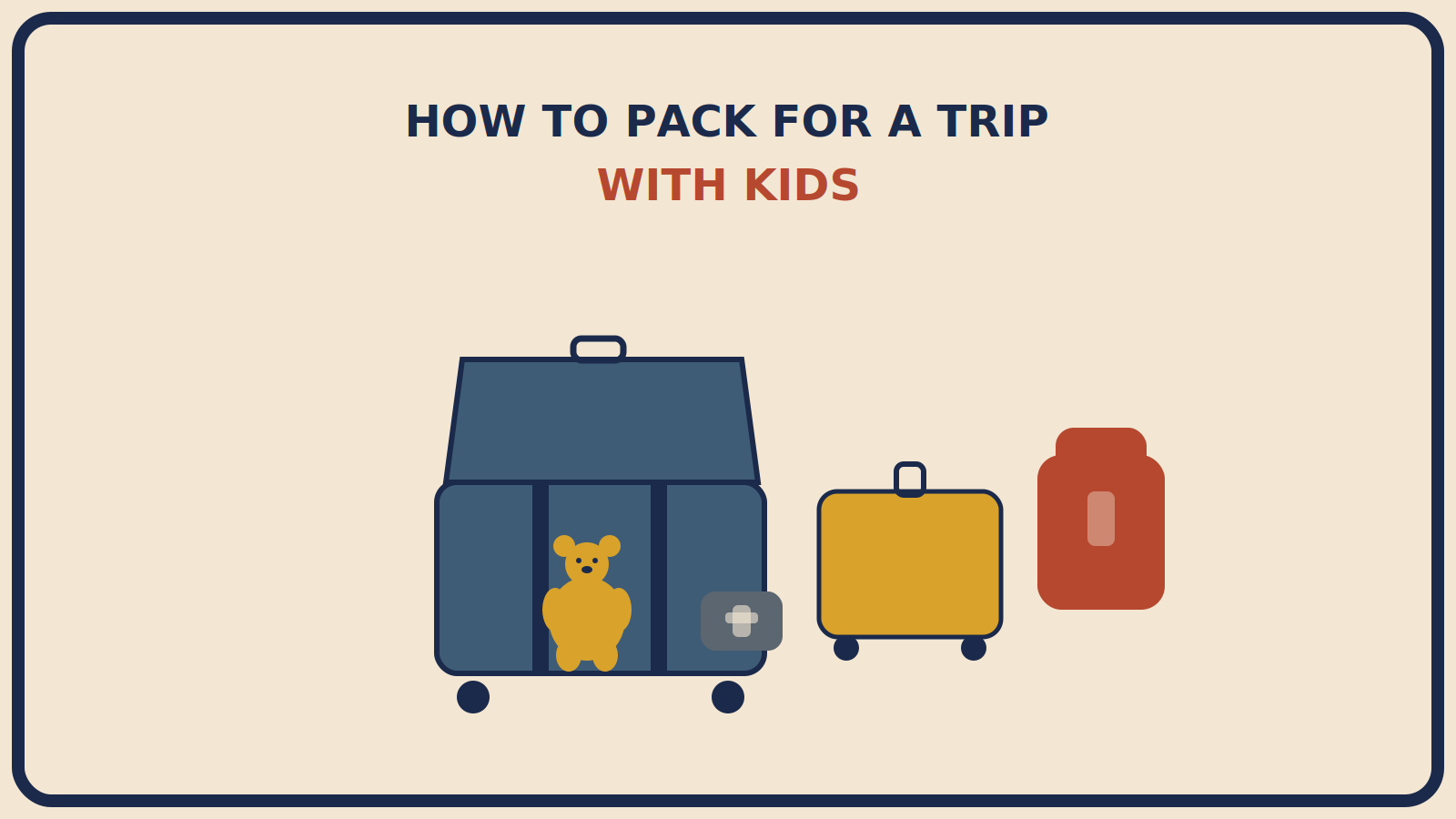 Open suitcase beside a smaller mustard-gold kid-sized suitcase, a rust-red backpack, a small medicine pouch, and a teddy bear shape