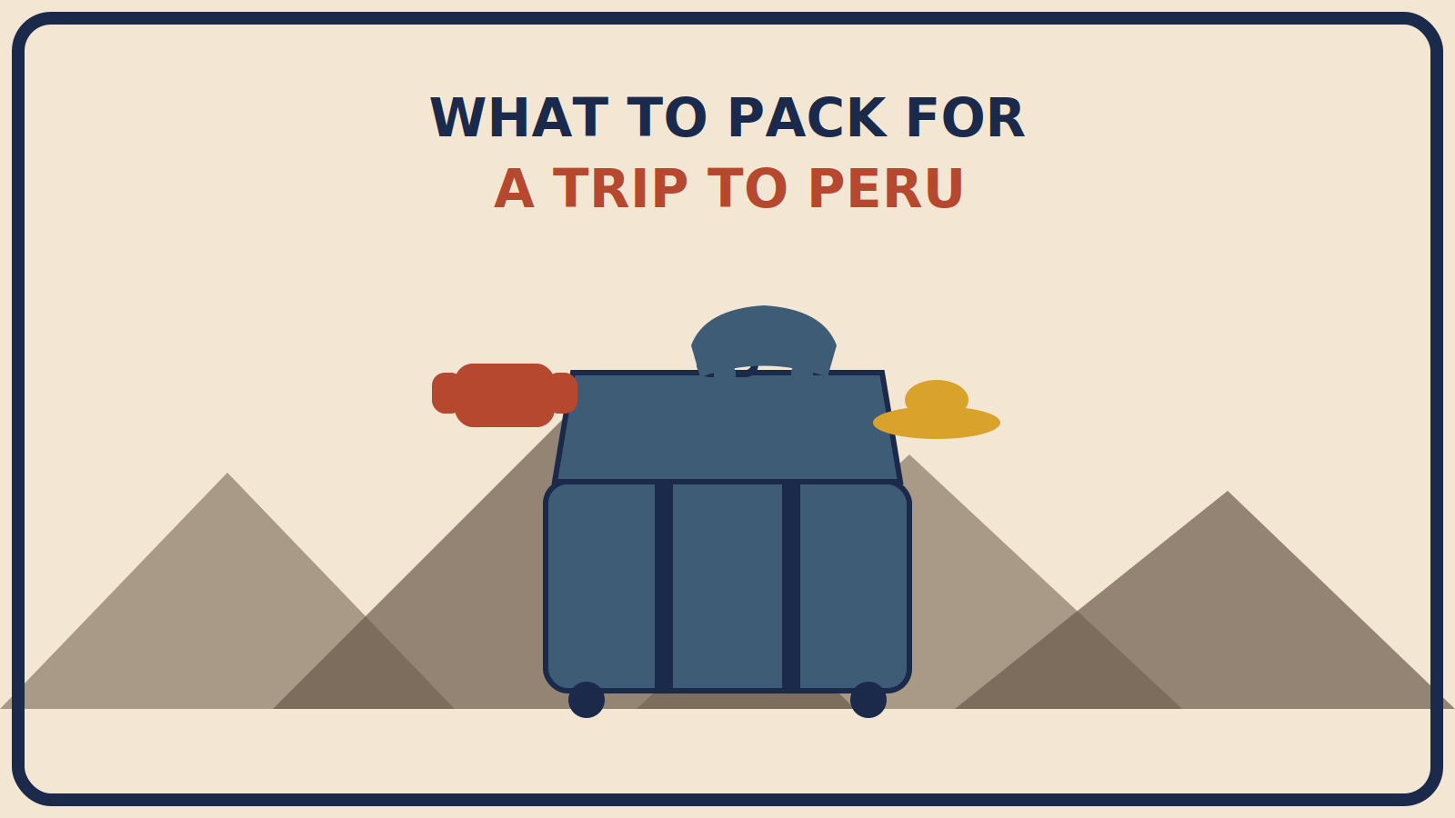 Open suitcase with a fleece, a sun hat, and a rain jacket emerging from it, set against layered abstract mountain shapes