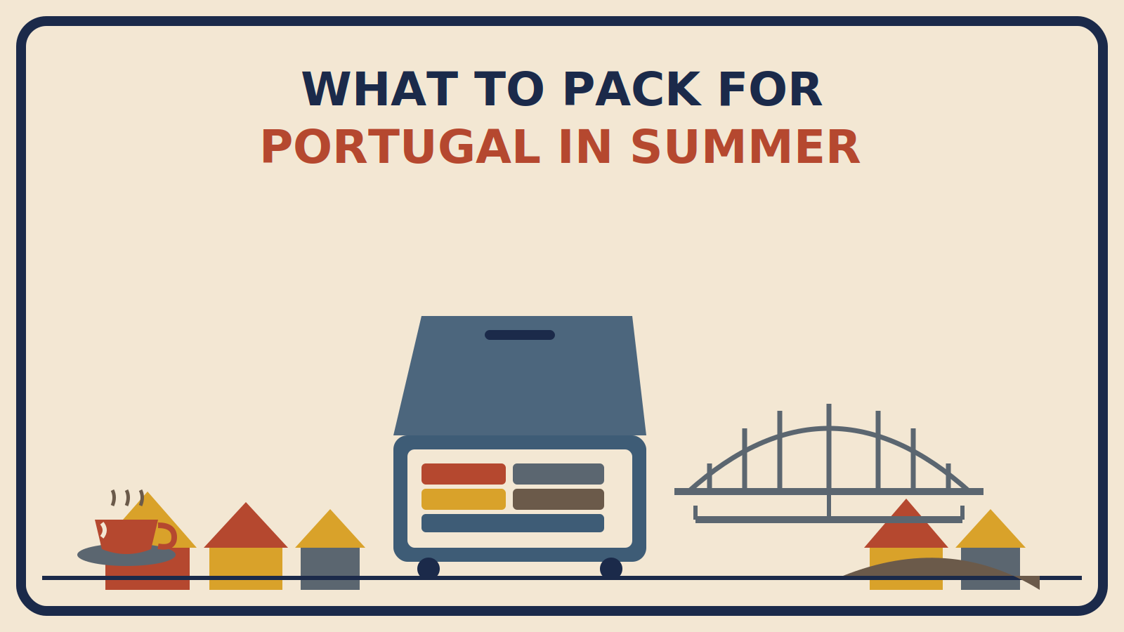 Open suitcase packed with clothes in front of Lisbon's tiled rooftops and Porto's Dom Luis I bridge, with an espresso cup nearby