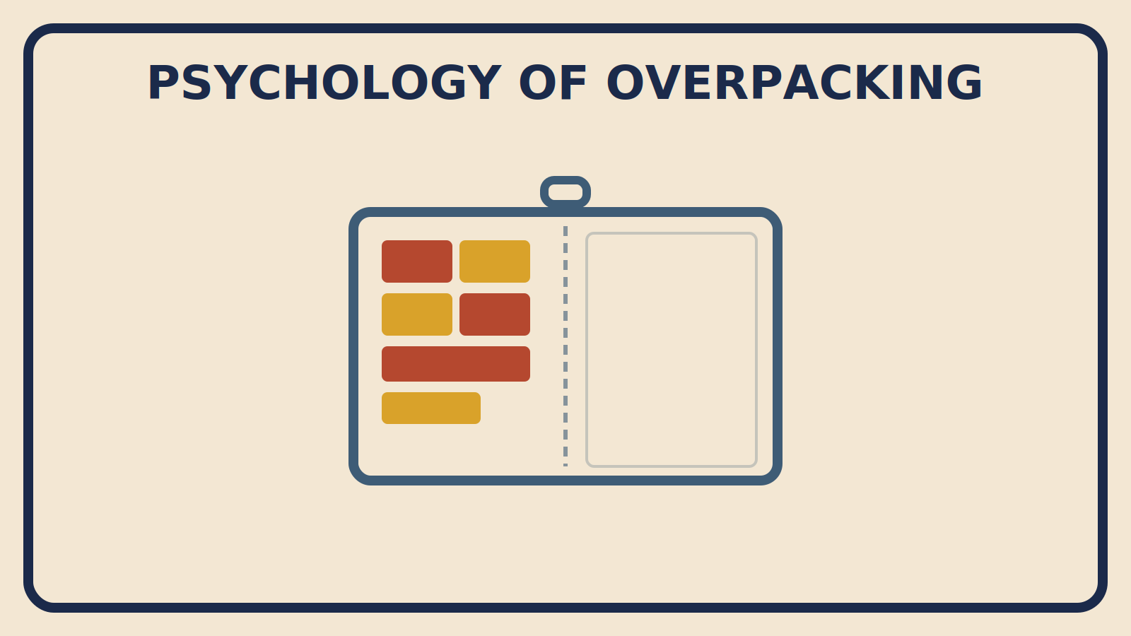Flat geometric illustration of a half-full suitcase with folded clothing on one side and open empty space on the other, titled Psychology of Overpacking