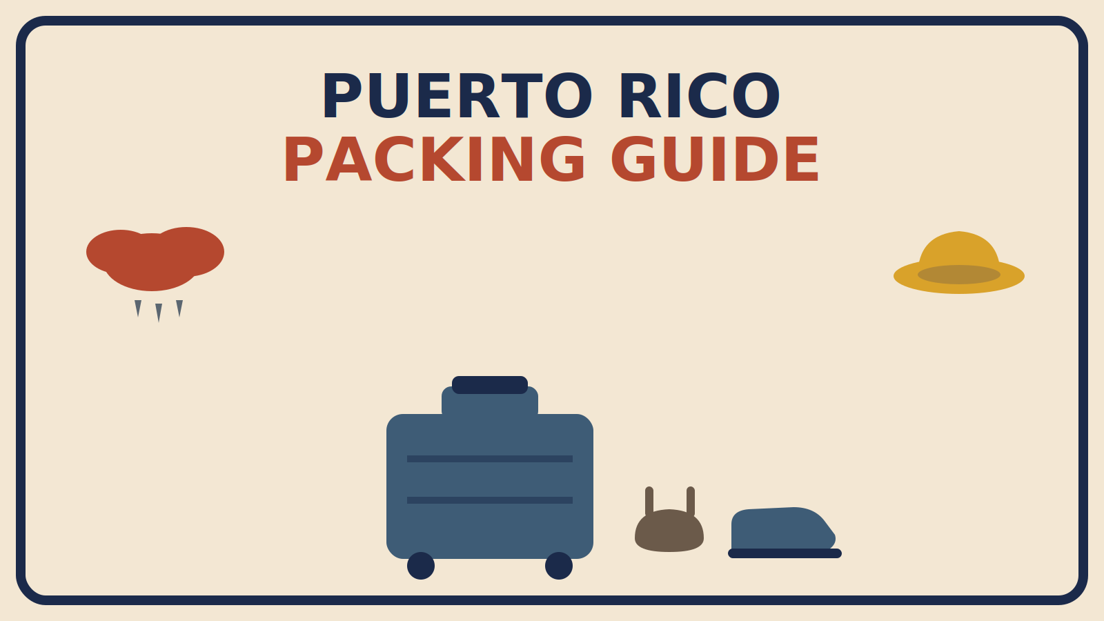 A steel-blue suitcase with a rust-red rain cloud, a mustard bucket hat, and a sandal and sneaker pair beside it, cream background.