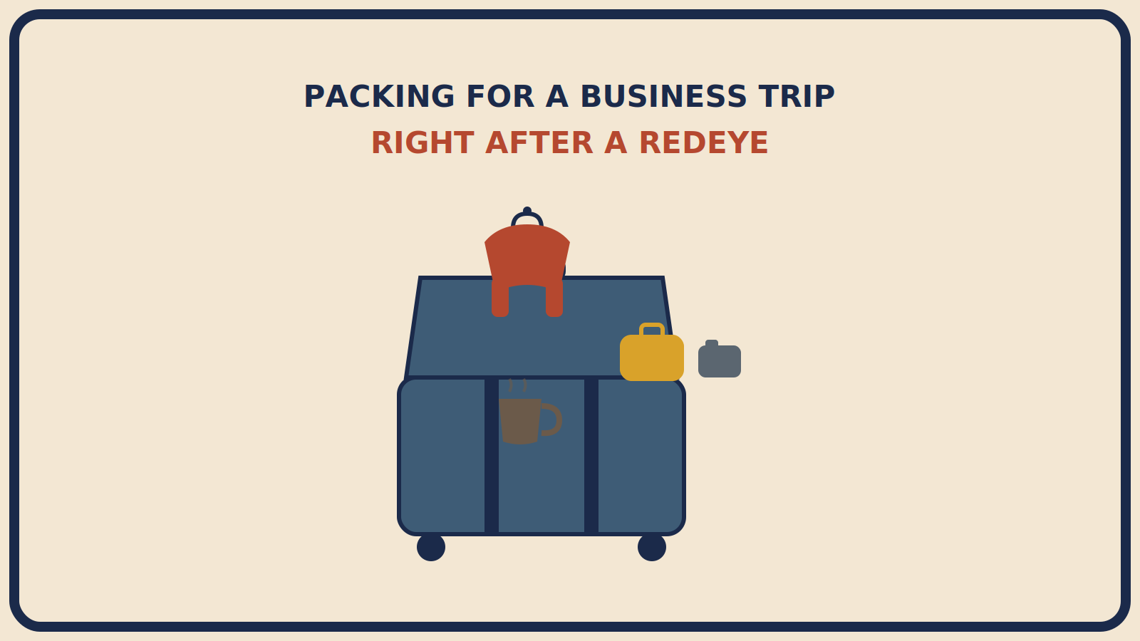 Open suitcase with a wrinkle-resistant rust-red shirt hanging ready, a compact mustard-gold freshening pouch, and face wipes beside a small coffee cup shape