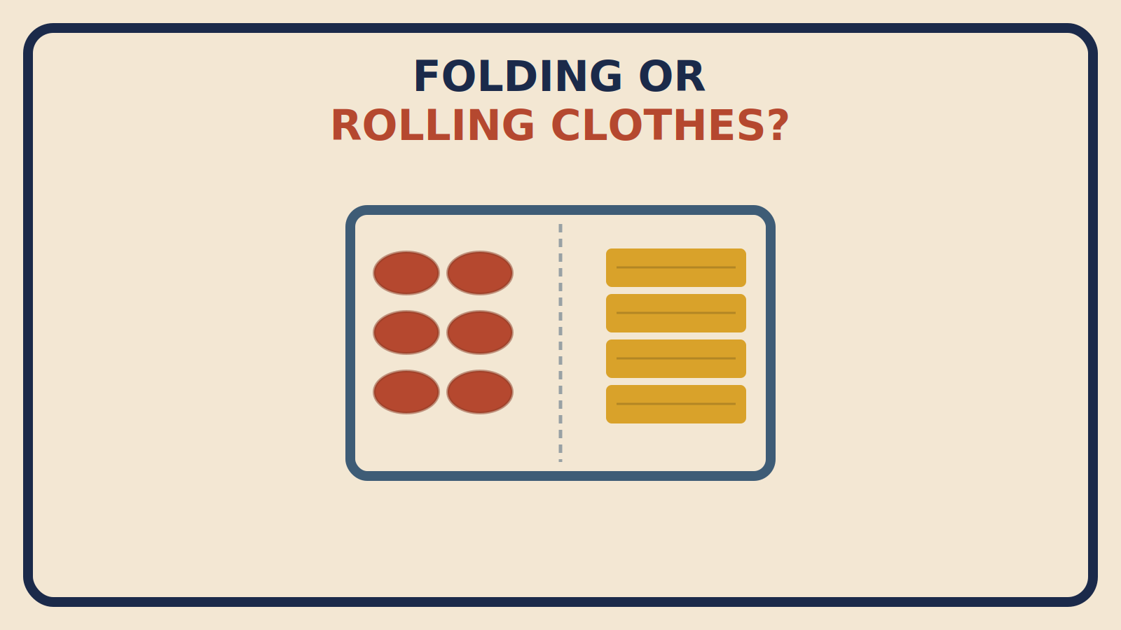 Flat geometric suitcase split in half, one side with rust-red rolled clothing cylinders, the other with mustard folded rectangle stacks