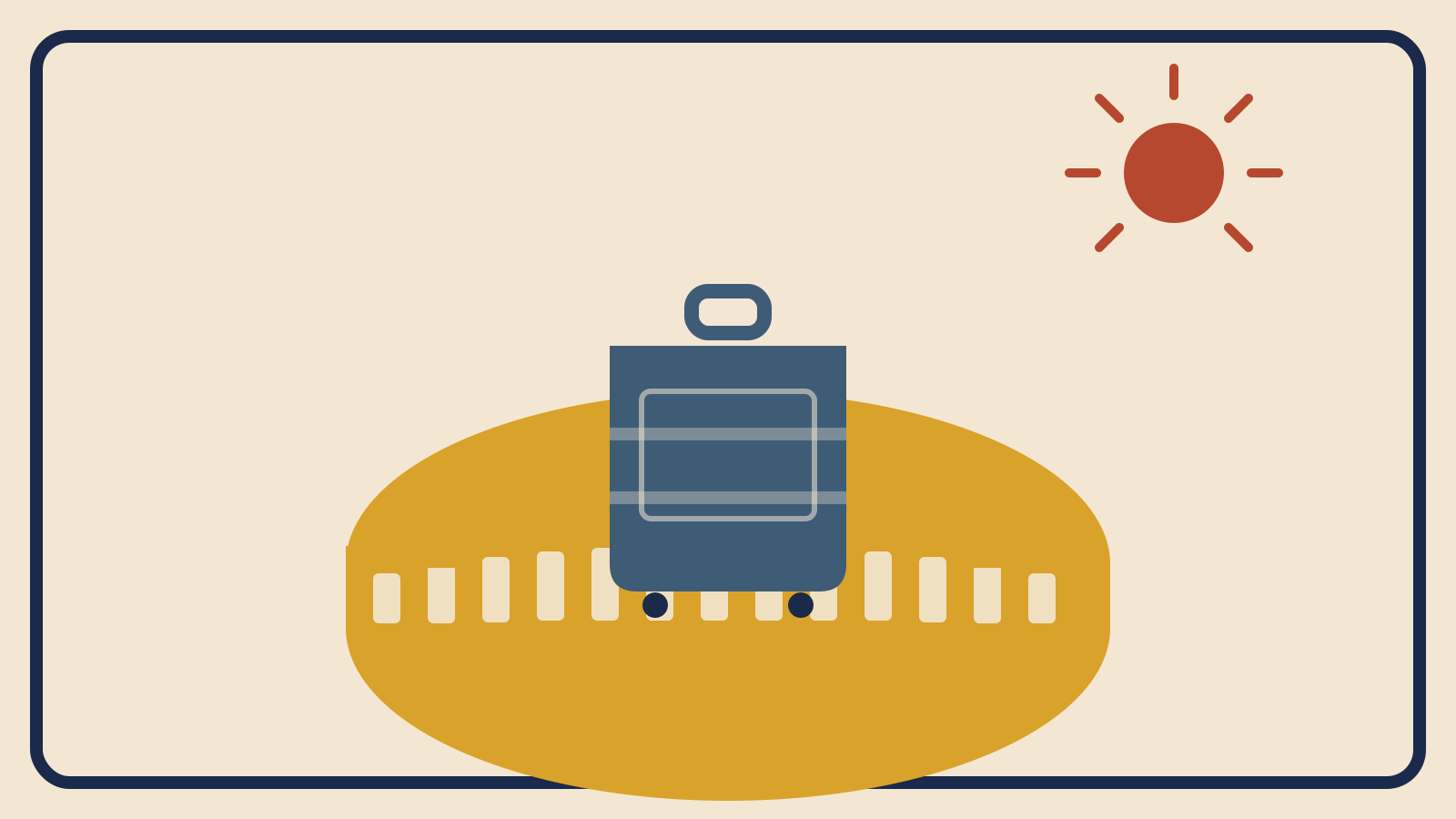 Flat geometric suitcase illustration with the Colosseum silhouette in mustard and a rust-red sun above