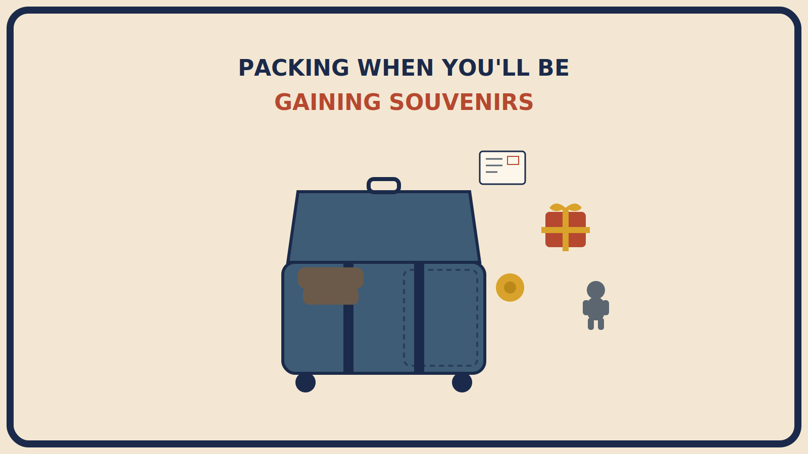 Open suitcase with a visible empty gap on one side and a postcard, a rust-red wrapped gift box, a mustard-gold trinket, and a small toy figure waiting outside to go in