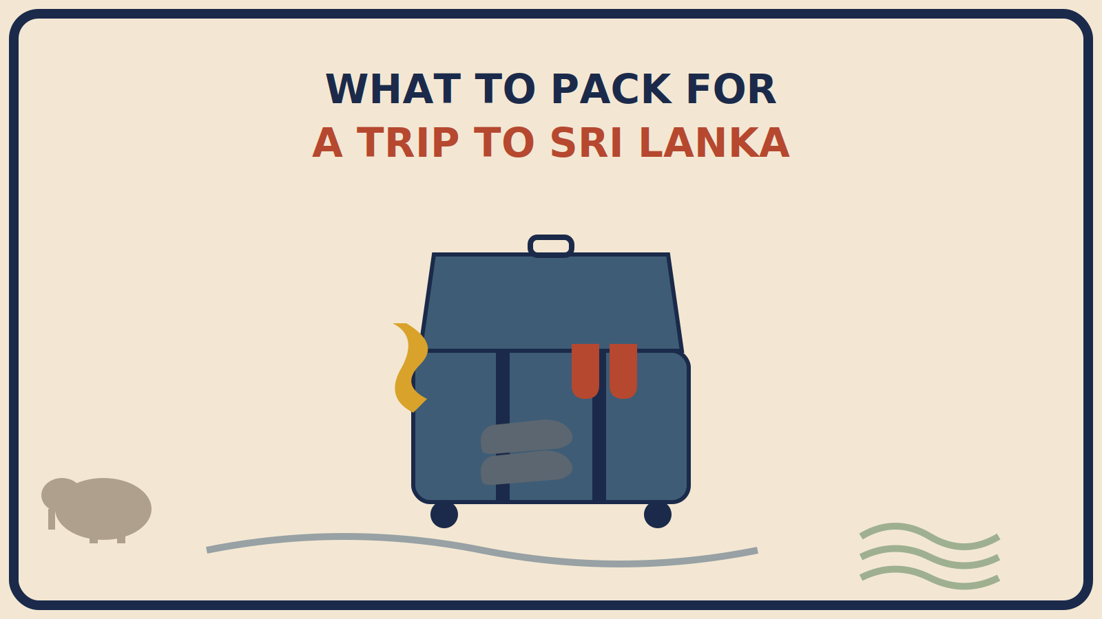 Open suitcase with a mustard-gold sarong draped over one edge, rust-red thin socks beside it, and walking shoes in front, next to elephant, tea-terrace, and coastline vignettes
