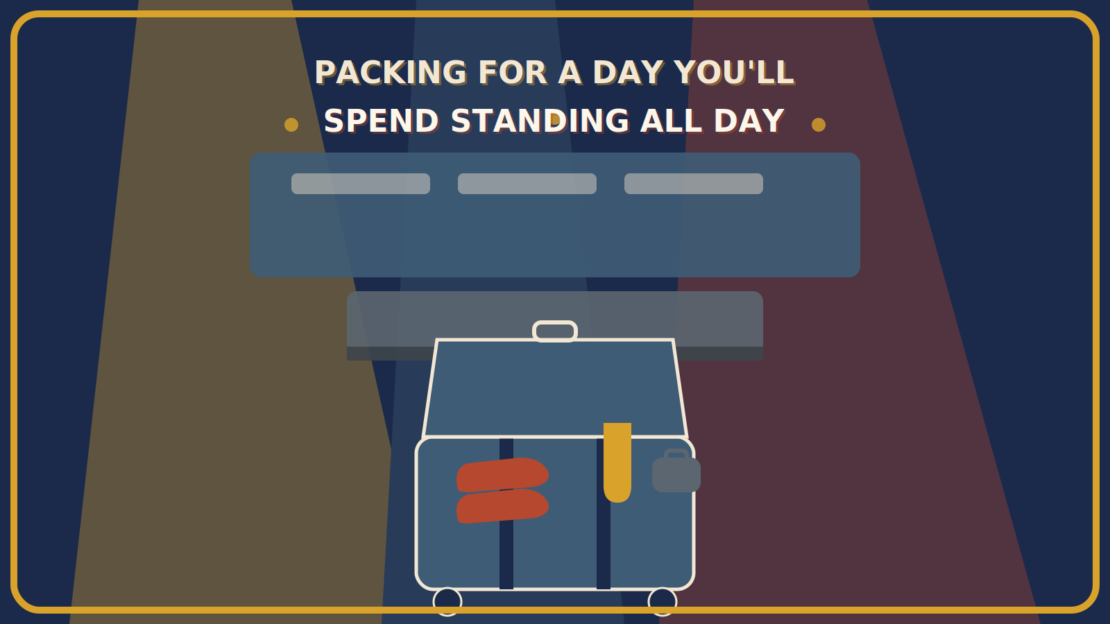 Open suitcase with cushioned rust-red shoes, a mustard-gold compression sock, and a small foot-care pouch, set against a glowing trade show booth backdrop