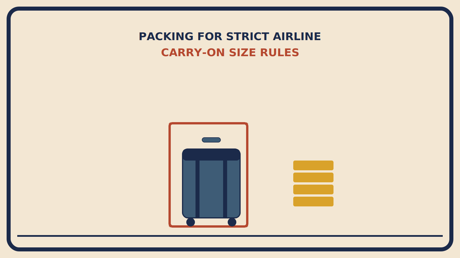 Suitcase inside a rust-red sizer frame outline with corner measurement ticks, beside a folded mustard capsule wardrobe stack
