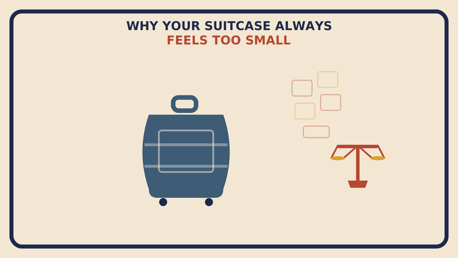 Flat geometric illustration of a bulging suitcase with a rust-red scale icon and faint unfilled clothing outlines floating outside it, titled Why Your Suitcase Always Feels Too Small