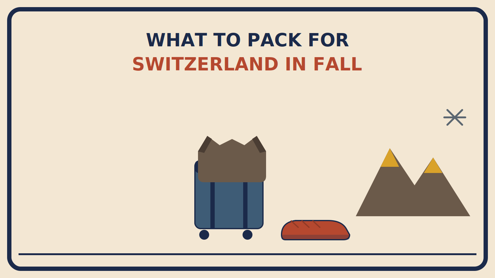 Suitcase with a draped raincoat and a rust-red waterproof hiking shoe beside it, with snow-capped mountains and a snowflake in the background