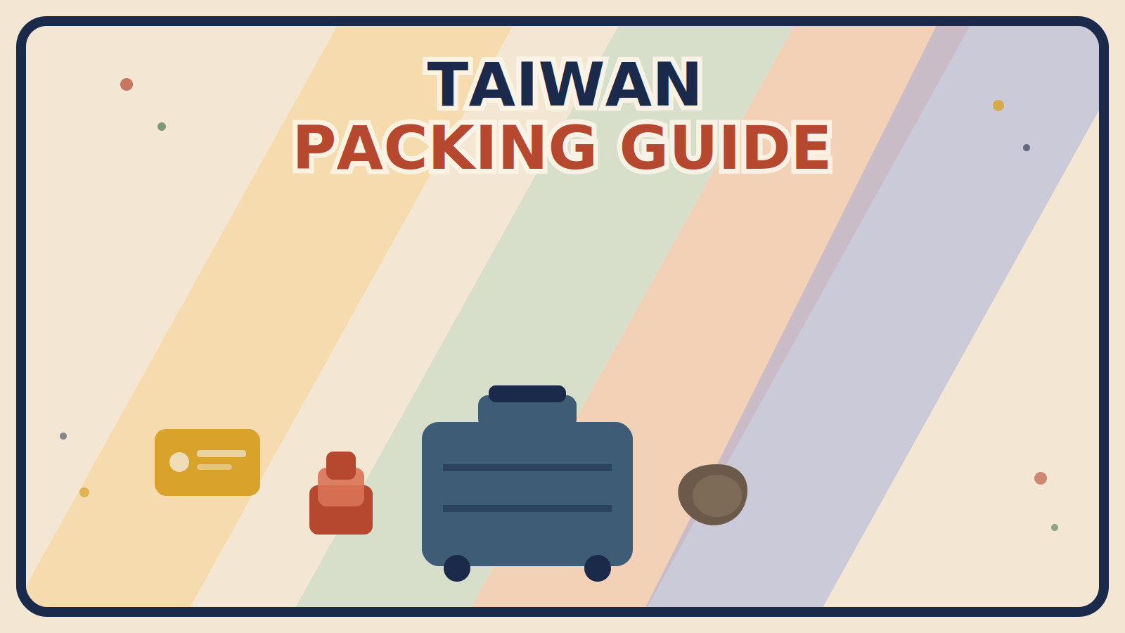 A mustard-gold EasyCard-style rectangle, a rust-red layered-clothing icon, and a muted brown travel pillow arranged around a steel-blue suitcase on a multi-color background.
