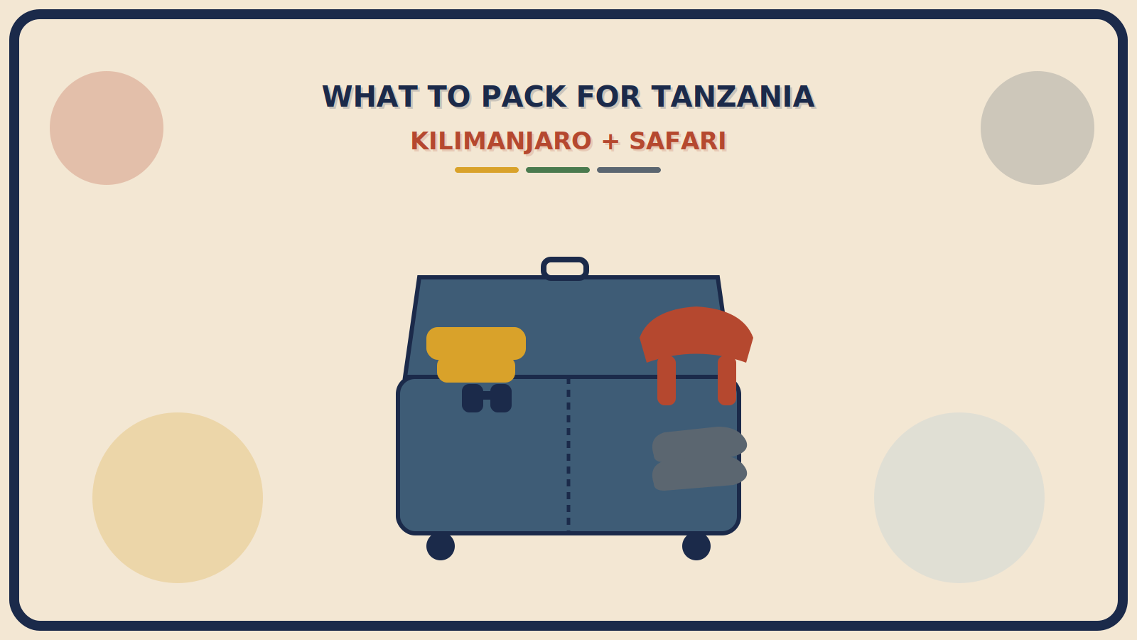Suitcase split down the middle, one side a mustard-gold khaki shirt and binoculars for safari, the other a rust-red insulated jacket and trekking boots for Kilimanjaro