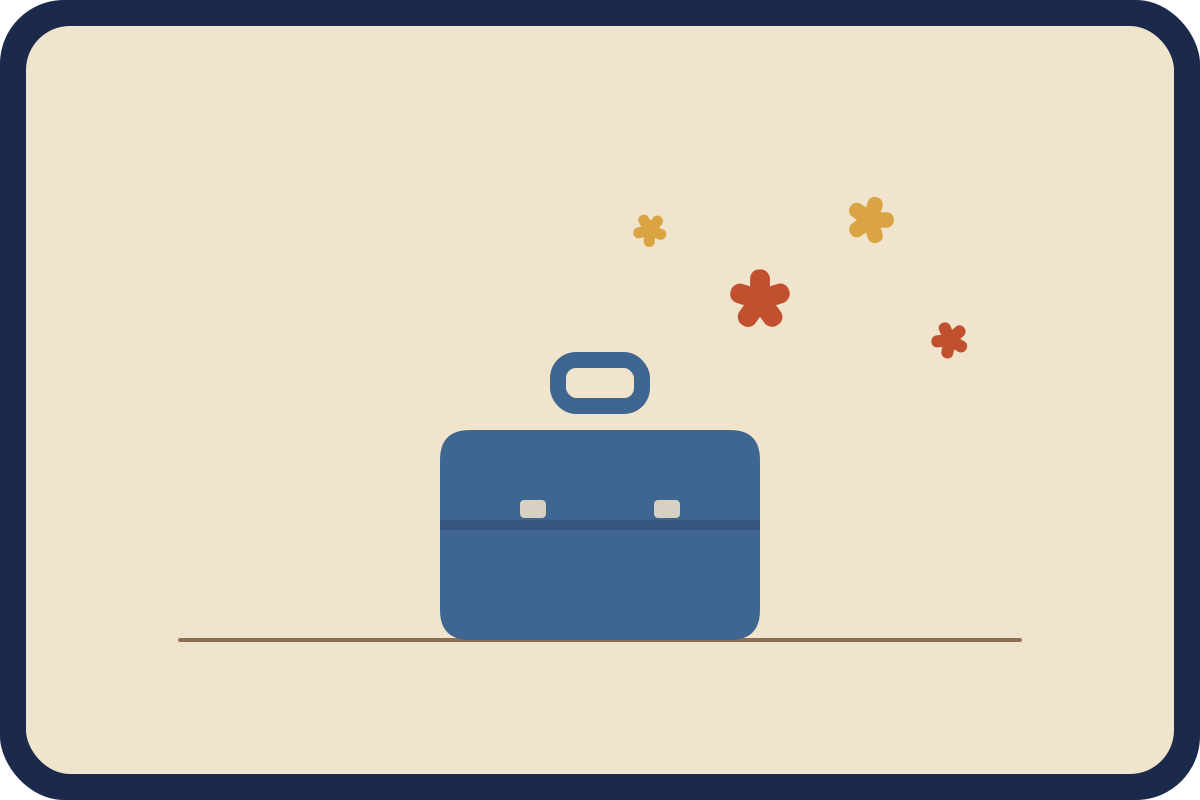 A steel-blue suitcase with rust-red and mustard cherry blossom shapes drifting above it, cream background.