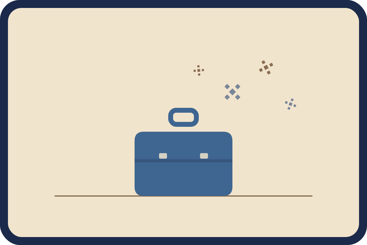 A steel-blue suitcase with faceted diamond frost shapes in slate-grey and muted brown drifting above it.
