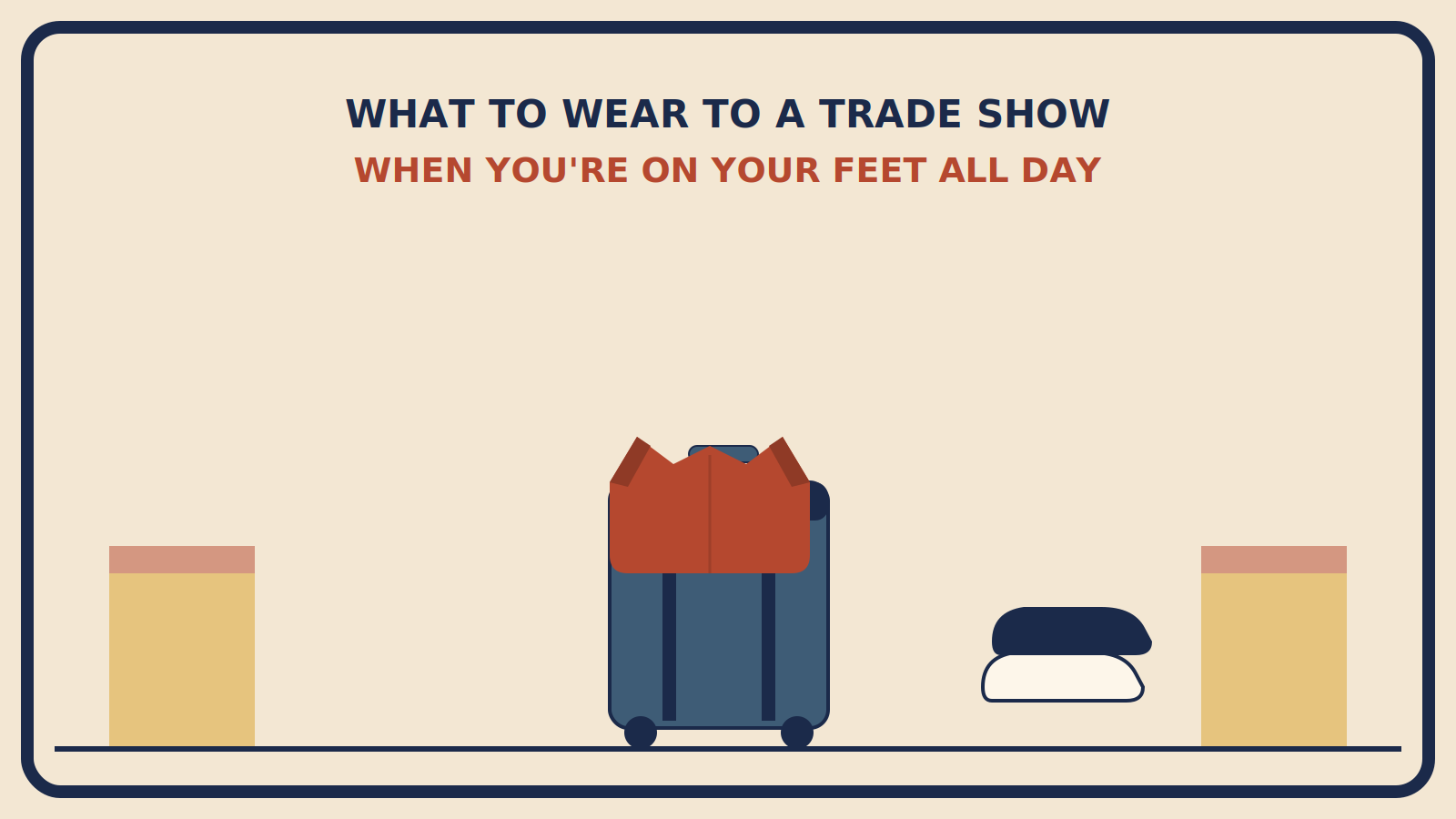 Suitcase with a rust-red blazer draped over the top, next to a white sneaker and a black shoe, in front of convention booth shapes