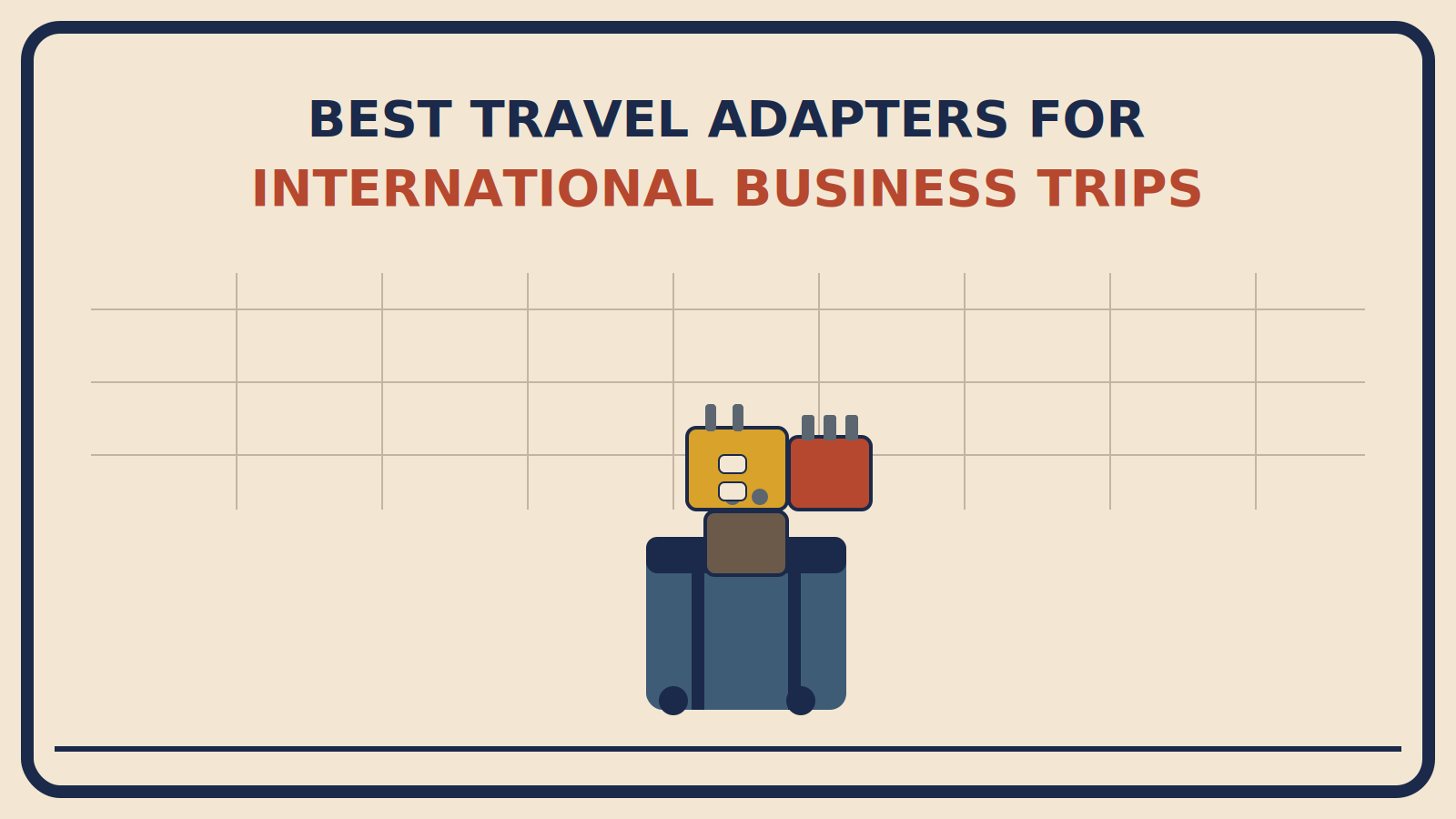 Suitcase with interlocking adapter blocks representing different plug prong shapes on top, in front of an abstract world map grid