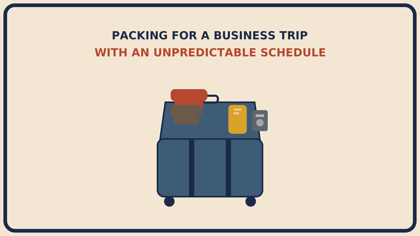 Open steel-blue suitcase with coordinated rust-red and muted-brown business garments folded neatly, a mustard-gold power bank beside a passport-shaped rectangle