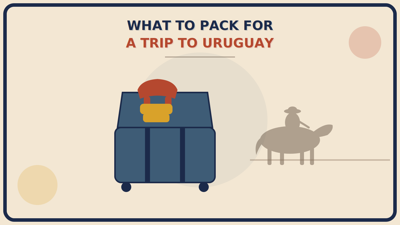 Open suitcase with a rust-red light jacket folded on top and a mustard-gold breathable top beside it, with a gaucho silhouette on horseback in the background