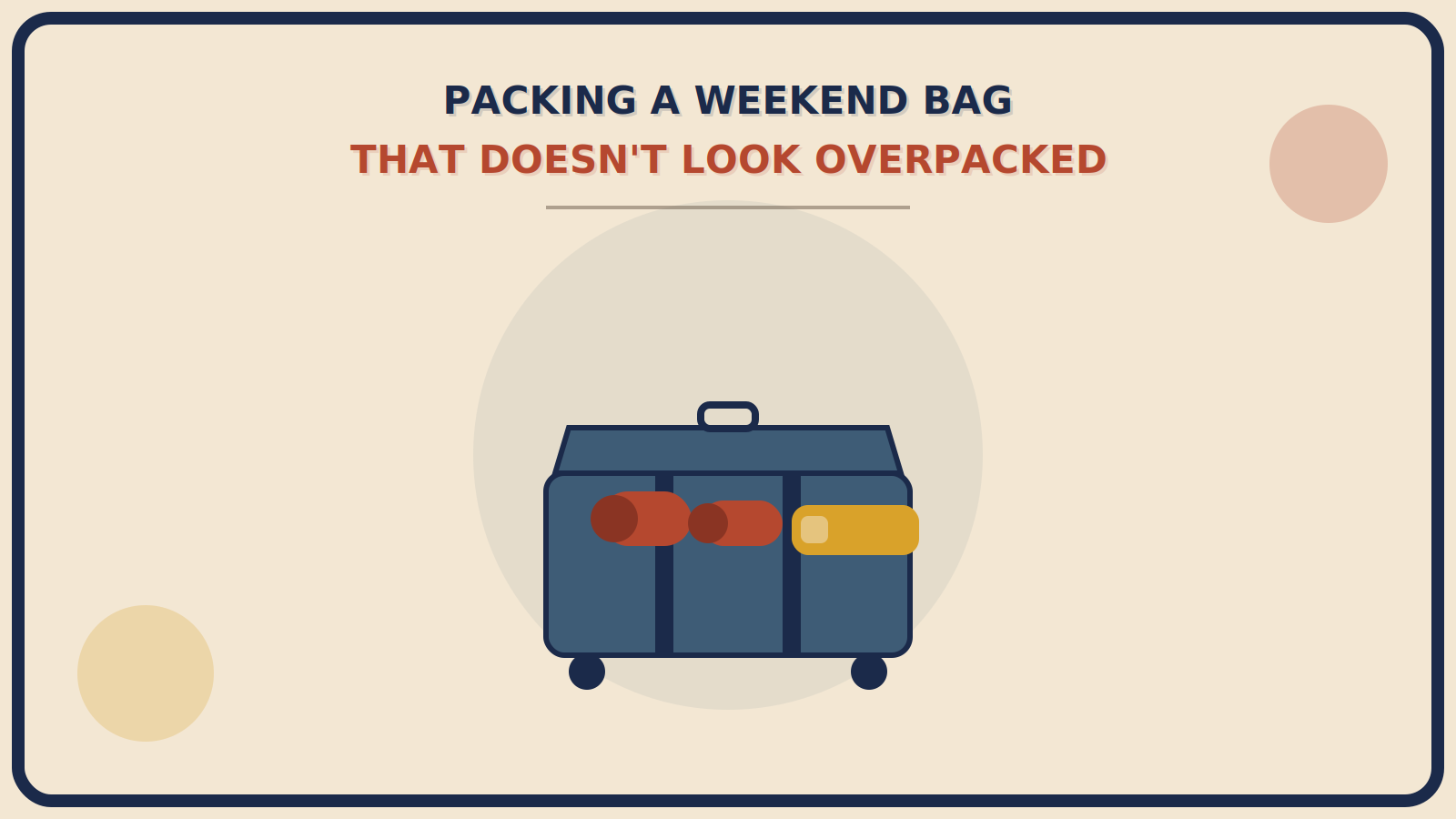 Flat, evenly filled suitcase with a rust-red rolled-clothing shape and a slim mustard-gold toiletry pouch visible inside