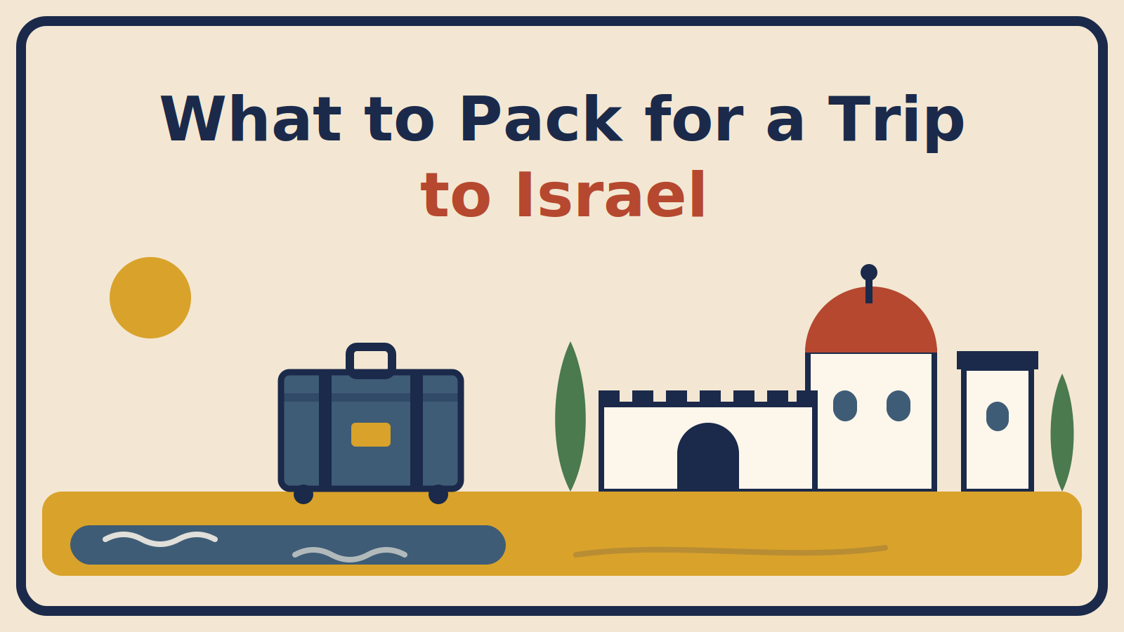Illustration of a suitcase beside stone walls, a domed building and cypress trees, with the title What to Pack for a Trip to Israel