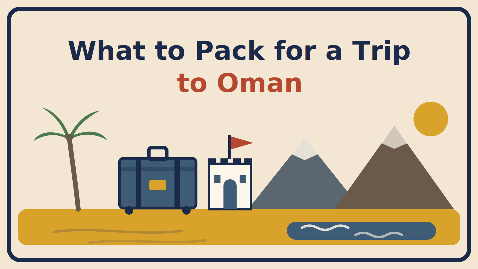 Illustration of a suitcase and palm beside an Omani fort, mountains, and a wadi pool, with the title What to Pack for a Trip to Oman