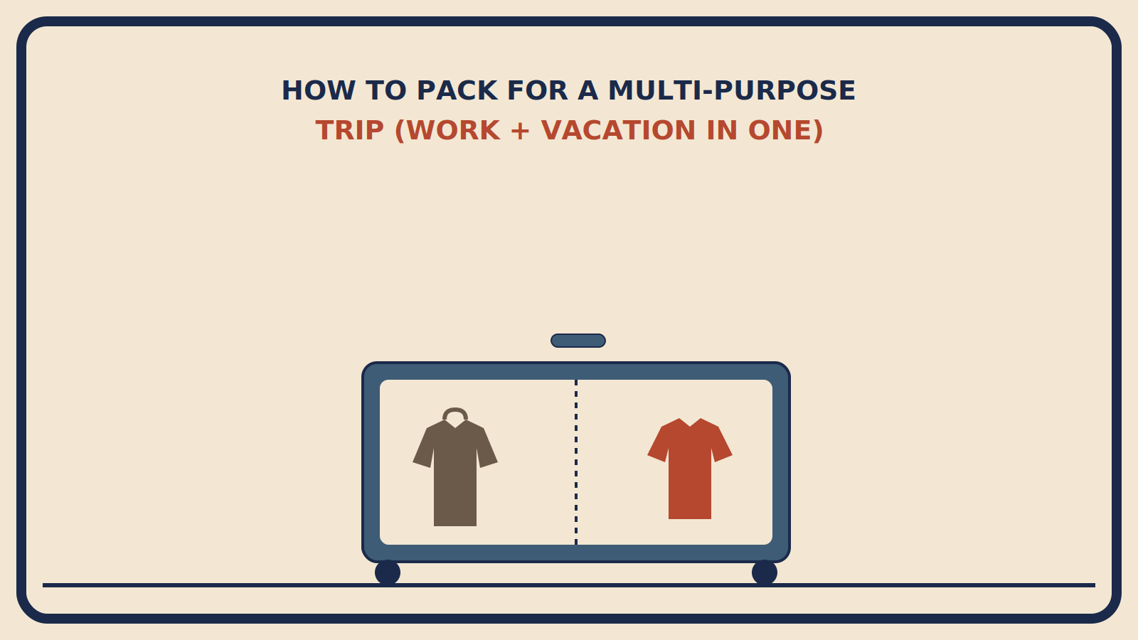 Suitcase split down the middle with a muted brown blazer on the work side and a rust-red t-shirt on the vacation side